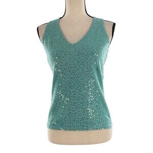Double D Ranch XS Aqua Blue Sequin Knit Tank Top Linen Cotton Blend Sleeveless
